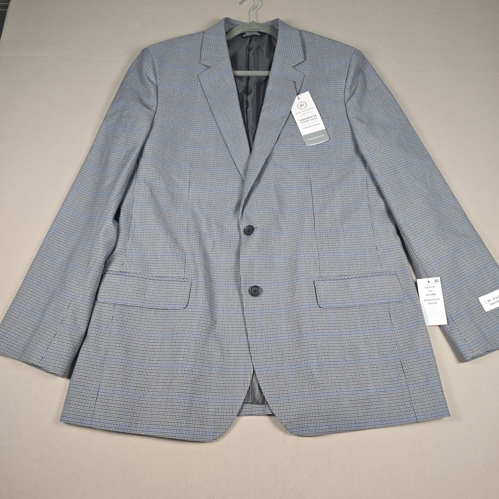J.M. Haggar Premium Sport Coat 46L NWT Grey Glen Plaid Blue Windowpane HJ70316